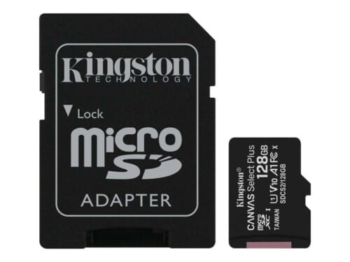 Kingston Canvas Select Plus - Tarjeta de memoria flash (adaptador microSDXC a SD Incluido) - 128 GB - A1 / Video Class V10 / UHS Class 1 / Class10 - microSDXC UHS-I