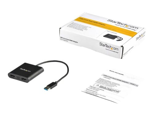 StarTech.com USB 3.0 to Dual HDMI Adapter, 1x 4K 30Hz & 1x 1080p, External Video & Graphics Card, USB Type-A to HDMI Dual Monitor Display Adapter Dongle, Supports Windows Only, Black - USB to Dual HDMI Adapter (USB32HD2) - Cable adaptador - Conforme a la TAA - USB Tipo A macho a HDMI hembra - 25 cm - negro - admite 4K30Hz (3840 x 2160) - para P/N: HDDVIMM3, HDMM12, HDMM15, HDMM1MP, HDMM2MP, HDMM3, HDMM3MP, HDMM50A, HDMM6, HDPMM50