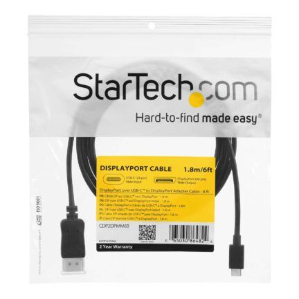 StarTech.com 6ft/1.8m USB C to DisplayPort 1.2 Cable 4K 60Hz, USB-C to DisplayPort Adapter Cable HBR2, USB Type-C DP Alt Mode to DP Monitor Video Cable, Works with Thunderbolt 3, Black - USB-C Male to DP Male - Cable DisplayPort - 24 pin USB-C (M) a DisplayPort (M) - Displayport 1.2/Thunderbolt 3 - 1.8 m - admite 4K60Hz (3840 x 2160) - negro - para P/N: TB33A1C, TB3DK2DPPD, TB3DK2DPPDUE, TB3DK2DPW, TB3DK2DPWUE, TB3DKDPMAW, TB3DKDPMAWUE