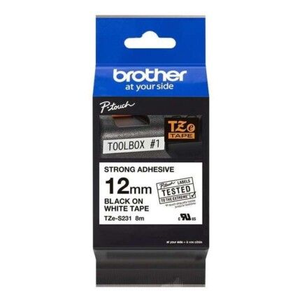 Brother TZe-S231 - Adhesivo extrarresistente - negro sobre blanco - rollo (1,2 cm x 8 m) 1 cinta(s) tipo laminado - para Brother PT-D210, D600, H110; P-Touch PT-1005, 1880, E800, H110; P-Touch Cube Plus PT-P710