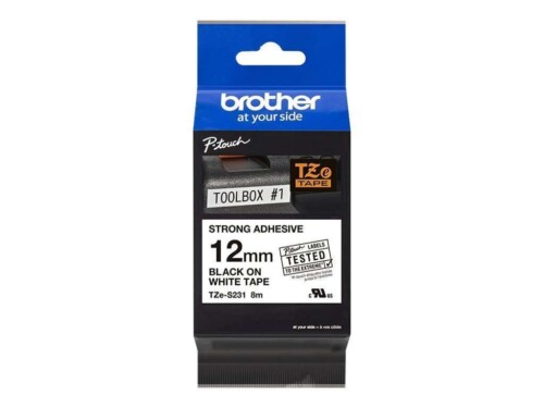 Brother TZe-S231 - Adhesivo extrarresistente - negro sobre blanco - rollo (1,2 cm x 8 m) 1 cinta(s) tipo laminado - para Brother PT-D210, D600, H110; P-Touch PT-1005, 1880, E800, H110; P-Touch Cube Plus PT-P710