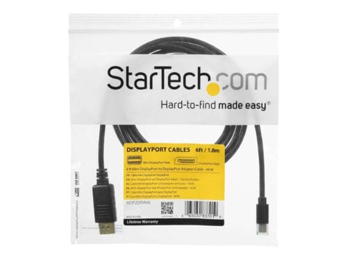 StarTech.com Cable Adaptador de 1,8m de Monitor Mini DisplayPort 1.2 Macho a DP Macho - 4k - Cable DisplayPort - Mini DisplayPort (M) a DisplayPort (M) - 1.8 m - trabado - negro - para P/N: CDP2DP14B, CDP2MDPEC, CDP2MDPFC, CDPVDHDMDP2G, CDPVDHDMDPRG, CDPVDHMDPDP